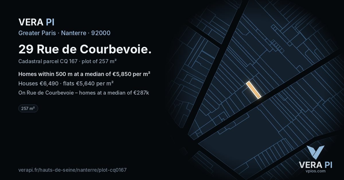 29 Rue de Courbevoie, Nanterre at night – the plot lit, the parcels around coloured by the prices near them