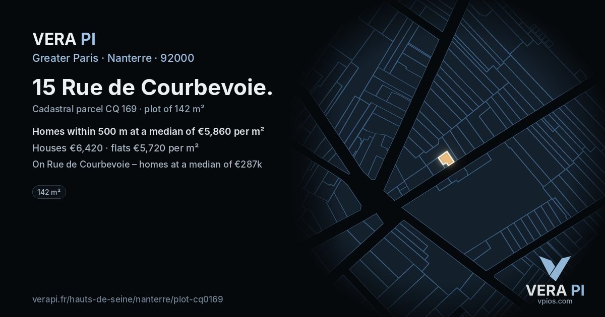 15 Rue de Courbevoie, Nanterre at night – the plot lit, the parcels around coloured by the prices near them