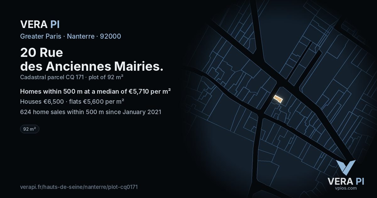 20 Rue des Anciennes Mairies, Nanterre at night – the plot lit, the parcels around coloured by the prices near them