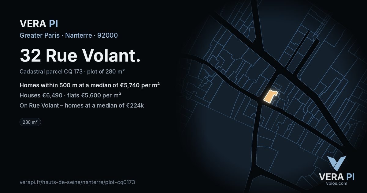 32 Rue Volant, Nanterre at night – the plot lit, the parcels around coloured by the prices near them