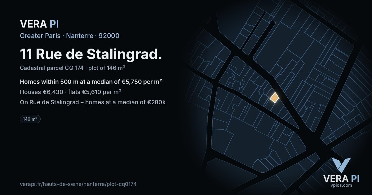 11 Rue de Stalingrad, Nanterre at night – the plot lit, the parcels around coloured by the prices near them