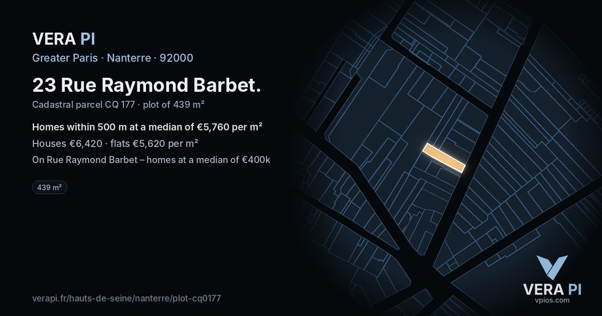 23 Rue Raymond Barbet, Nanterre at night – the plot lit, the parcels around coloured by the prices near them