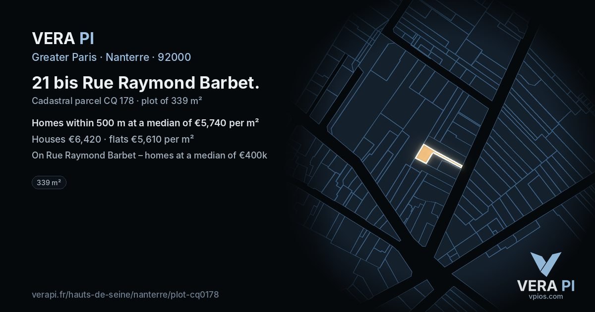 21 bis Rue Raymond Barbet, Nanterre at night – the plot lit, the parcels around coloured by the prices near them