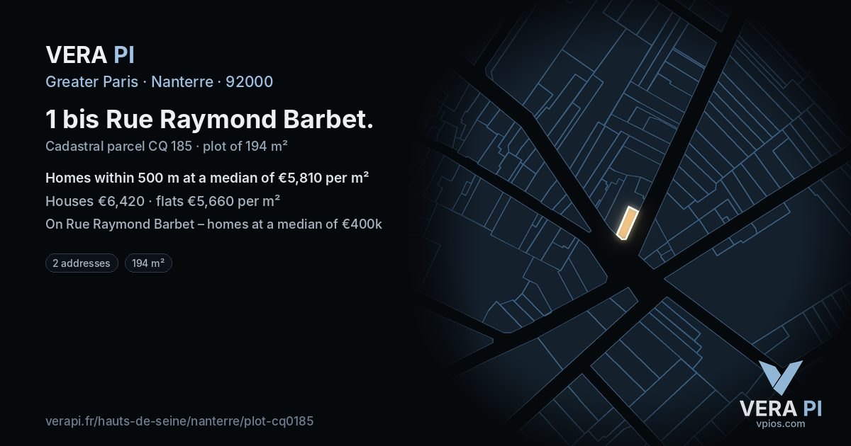 1 bis Rue Raymond Barbet, Nanterre at night – the plot lit, the parcels around coloured by the prices near them