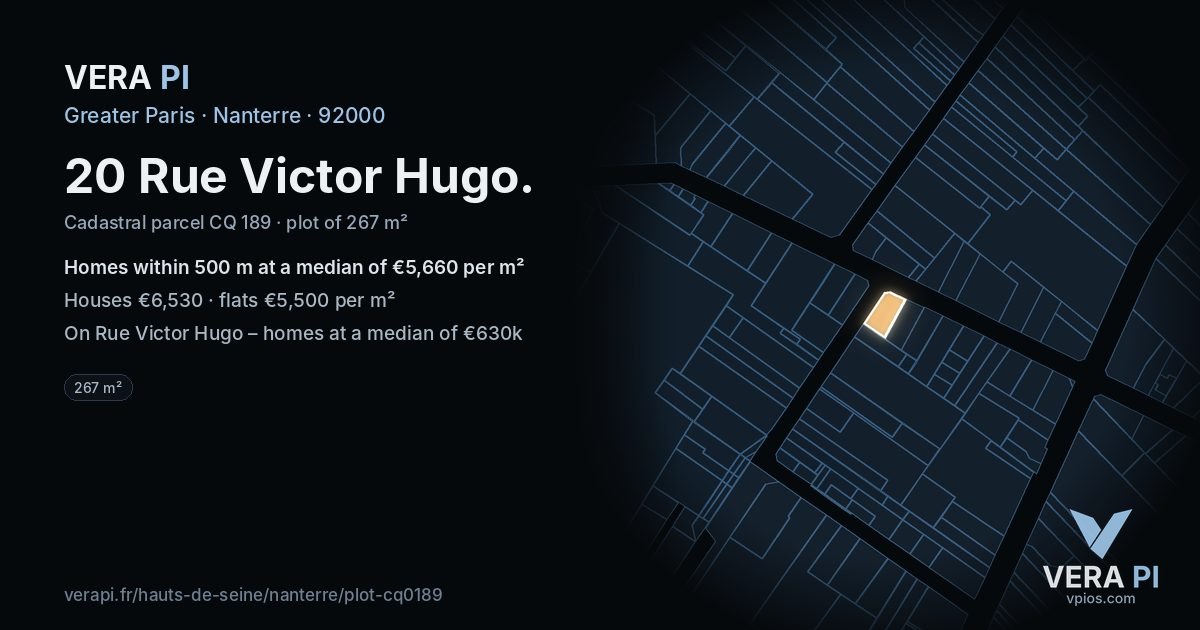 20 Rue Victor Hugo, Nanterre at night – the plot lit, the parcels around coloured by the prices near them