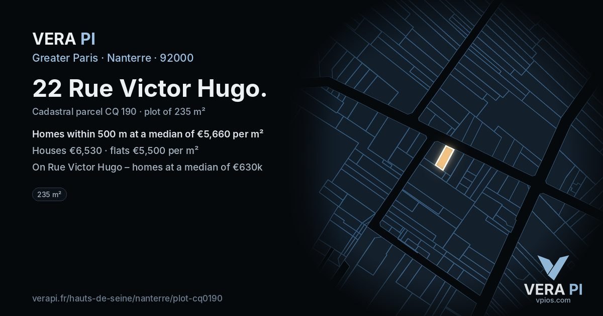 22 Rue Victor Hugo, Nanterre at night – the plot lit, the parcels around coloured by the prices near them