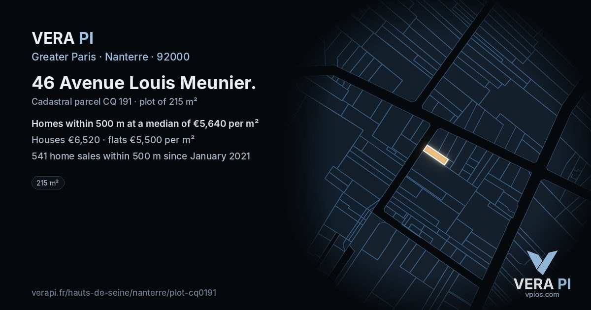 46 Avenue Louis Meunier, Nanterre at night – the plot lit, the parcels around coloured by the prices near them