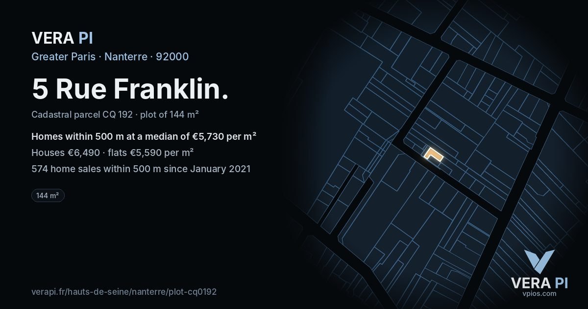 5 Rue Franklin, Nanterre at night – the plot lit, the parcels around coloured by the prices near them