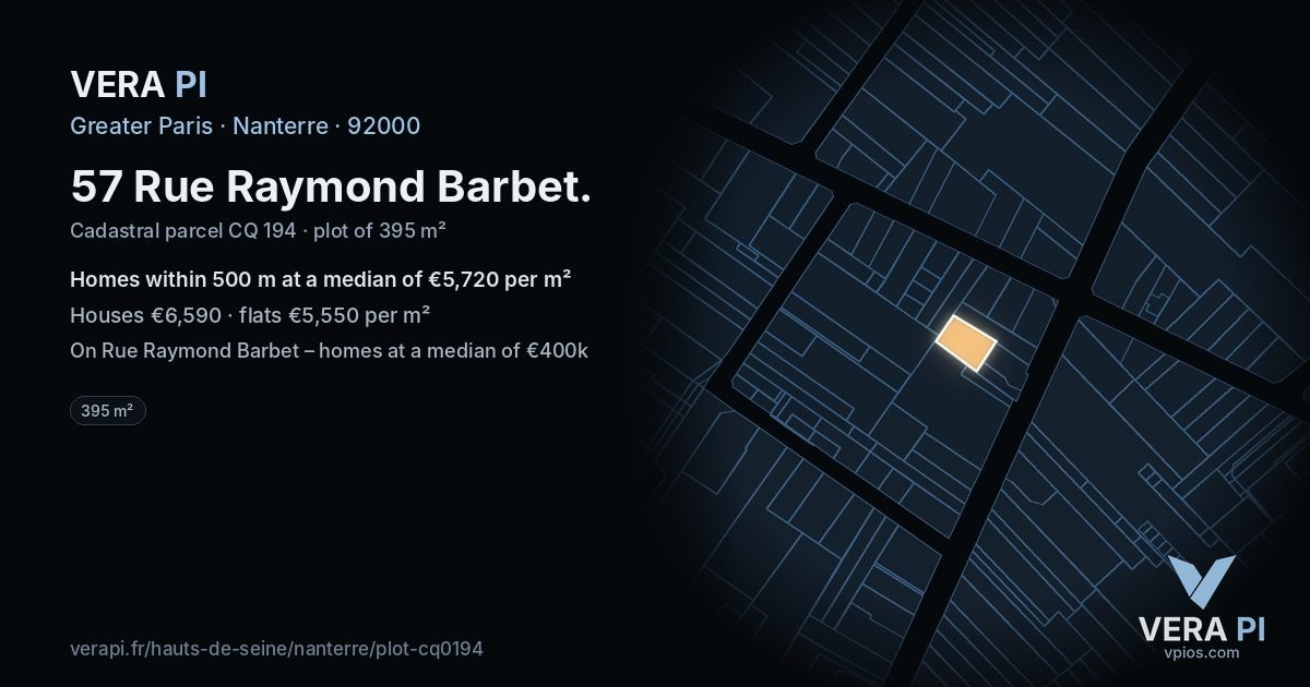 57 Rue Raymond Barbet, Nanterre at night – the plot lit, the parcels around coloured by the prices near them