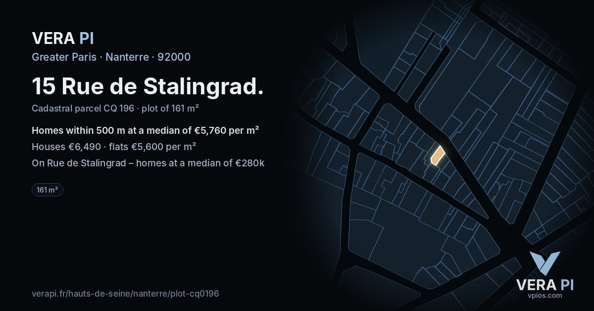 15 Rue de Stalingrad, Nanterre at night – the plot lit, the parcels around coloured by the prices near them