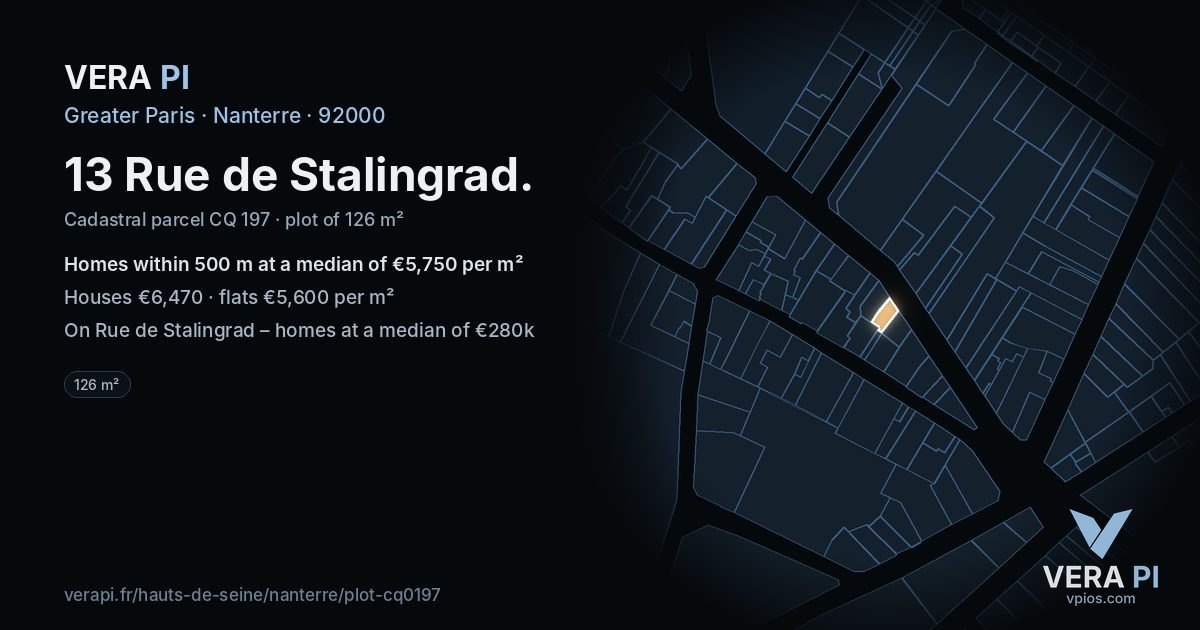 13 Rue de Stalingrad, Nanterre at night – the plot lit, the parcels around coloured by the prices near them