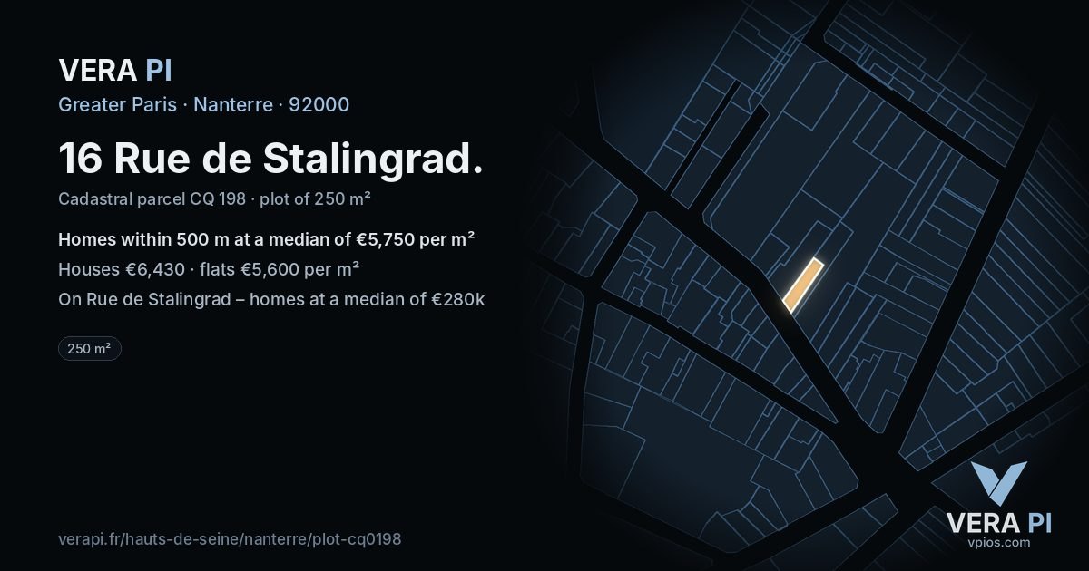 16 Rue de Stalingrad, Nanterre at night – the plot lit, the parcels around coloured by the prices near them