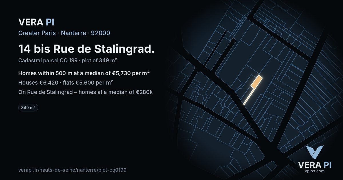 14 bis Rue de Stalingrad, Nanterre at night – the plot lit, the parcels around coloured by the prices near them
