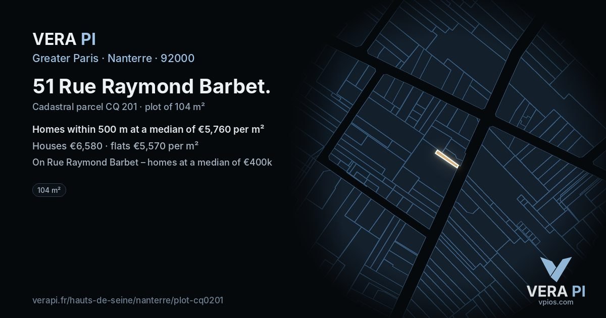51 Rue Raymond Barbet, Nanterre at night – the plot lit, the parcels around coloured by the prices near them