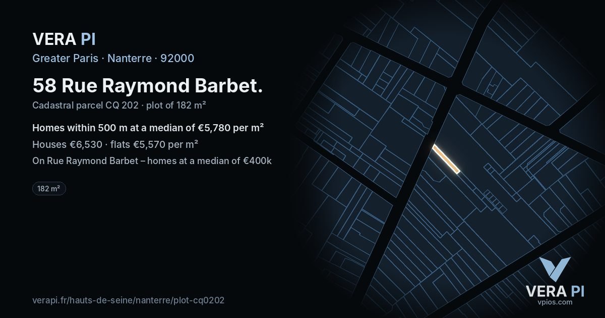 58 Rue Raymond Barbet, Nanterre at night – the plot lit, the parcels around coloured by the prices near them