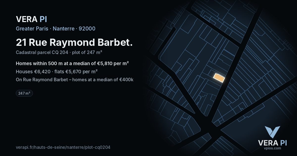 21 Rue Raymond Barbet, Nanterre at night – the plot lit, the parcels around coloured by the prices near them