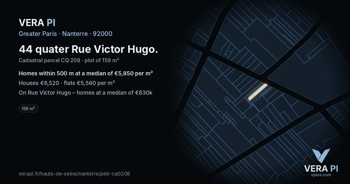 44 quater Rue Victor Hugo, Nanterre at night – the plot lit, the parcels around coloured by the prices near them