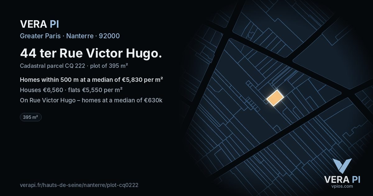 44 ter Rue Victor Hugo, Nanterre at night – the plot lit, the parcels around coloured by the prices near them