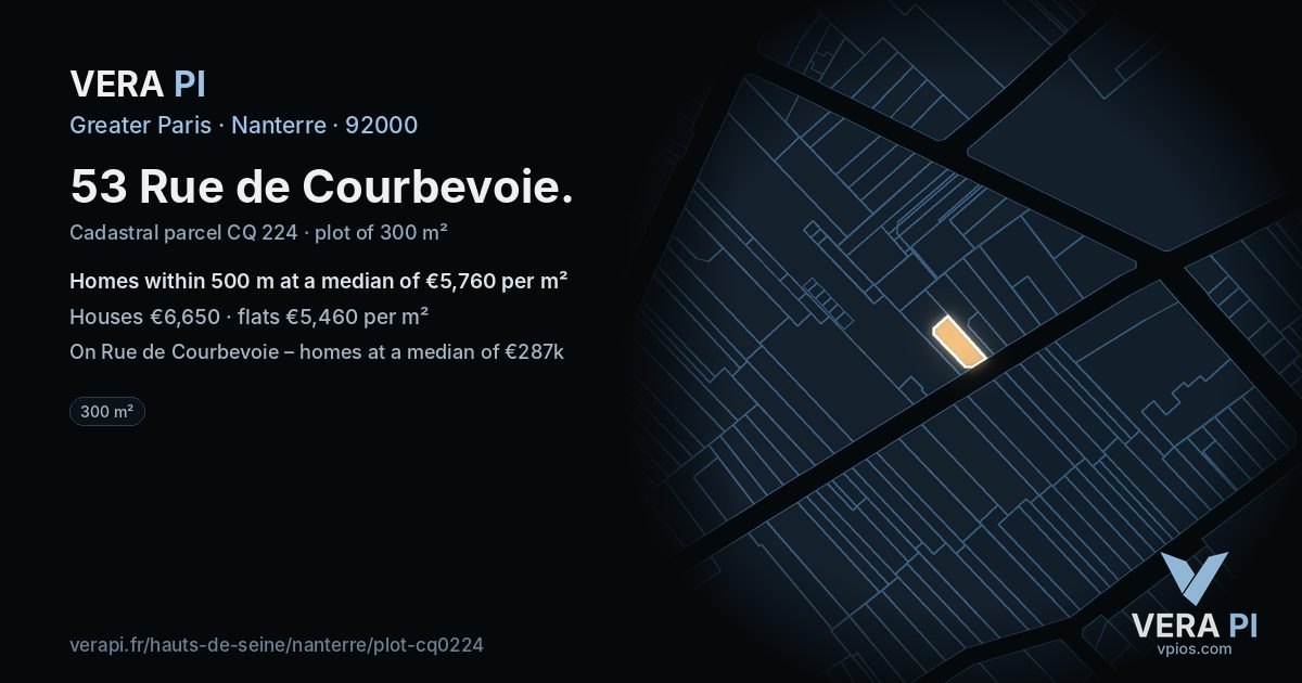 53 Rue de Courbevoie, Nanterre at night – the plot lit, the parcels around coloured by the prices near them