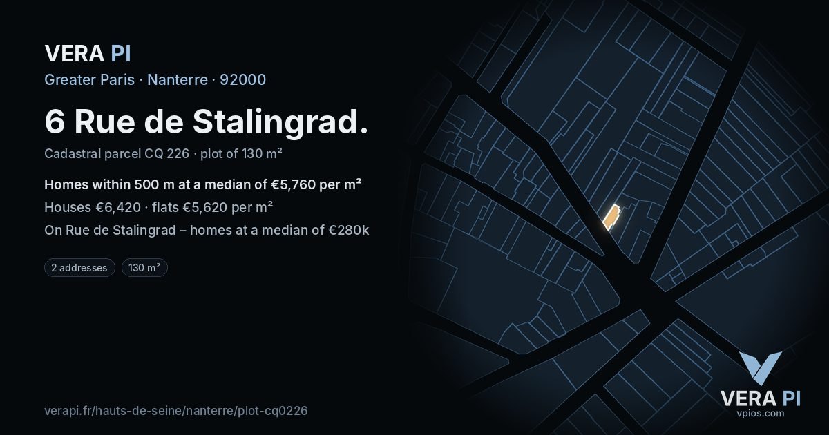 6 Rue de Stalingrad, Nanterre at night – the plot lit, the parcels around coloured by the prices near them
