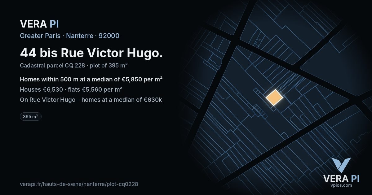 44 bis Rue Victor Hugo, Nanterre at night – the plot lit, the parcels around coloured by the prices near them
