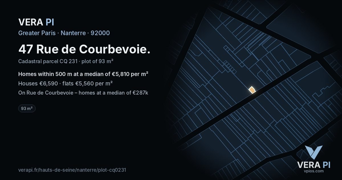 47 Rue de Courbevoie, Nanterre at night – the plot lit, the parcels around coloured by the prices near them