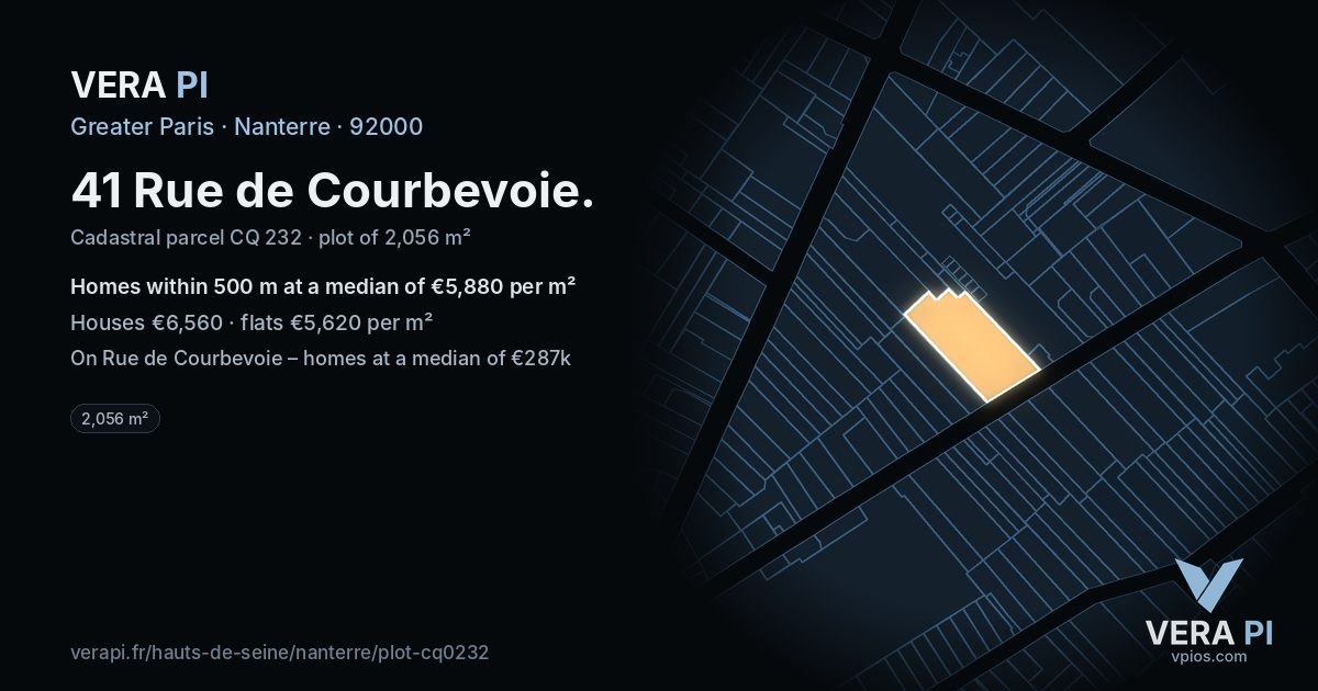 41 Rue de Courbevoie, Nanterre at night – the plot lit, the parcels around coloured by the prices near them