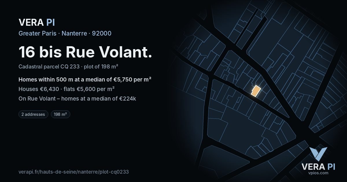 16 bis Rue Volant, Nanterre at night – the plot lit, the parcels around coloured by the prices near them