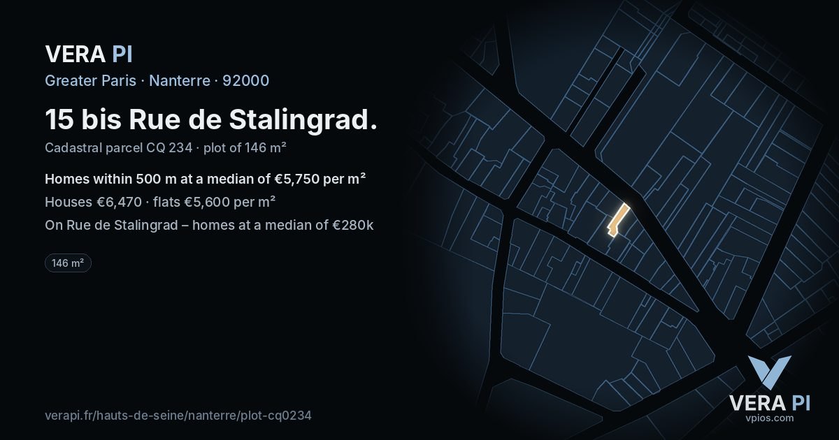 15 bis Rue de Stalingrad, Nanterre at night – the plot lit, the parcels around coloured by the prices near them