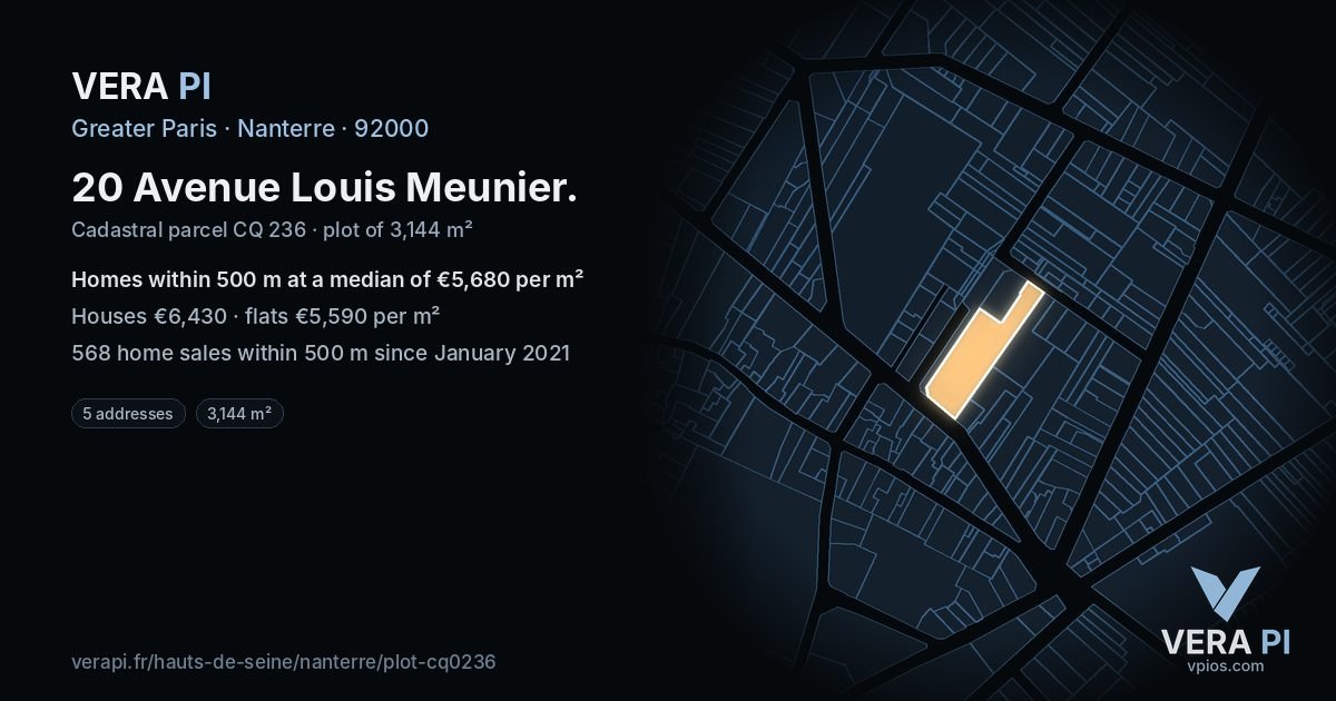 20 Avenue Louis Meunier, Nanterre at night – the plot lit, the parcels around coloured by the prices near them