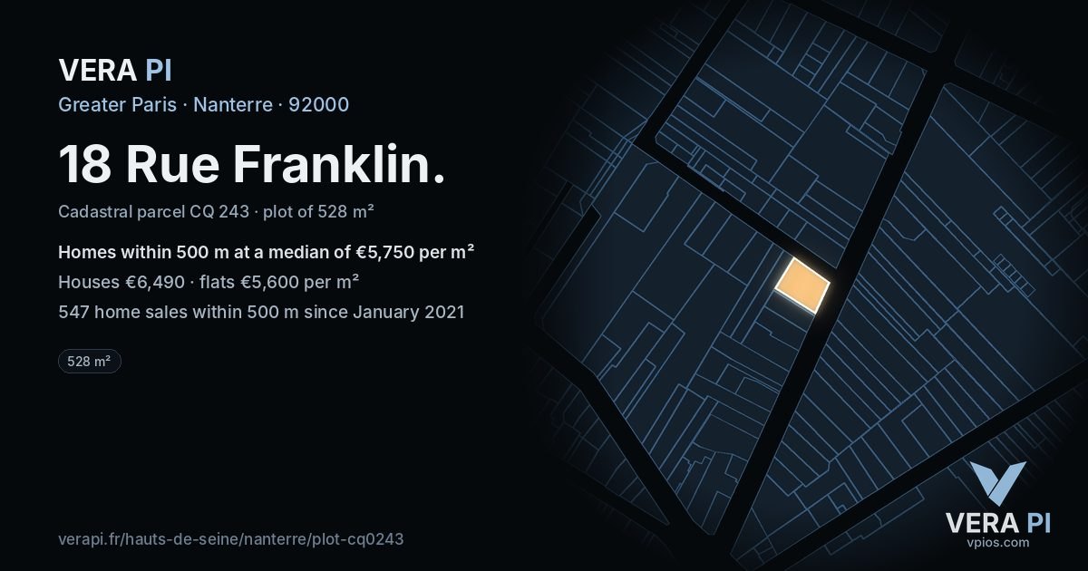 18 Rue Franklin, Nanterre at night – the plot lit, the parcels around coloured by the prices near them