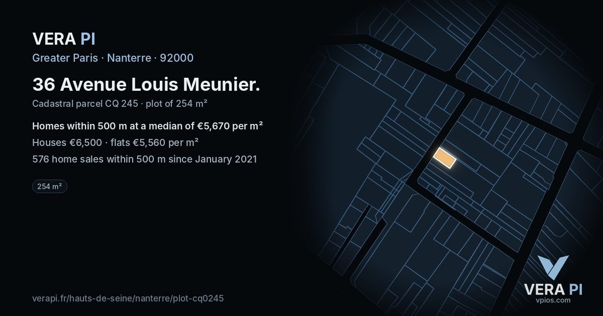36 Avenue Louis Meunier, Nanterre at night – the plot lit, the parcels around coloured by the prices near them