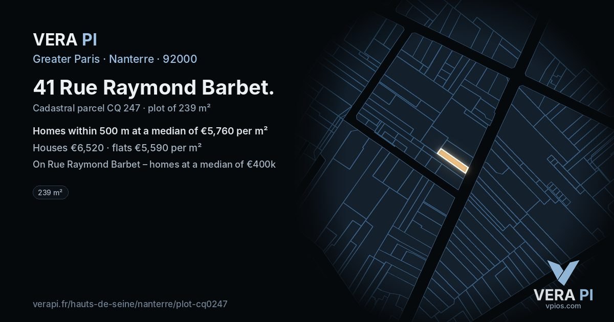 41 Rue Raymond Barbet, Nanterre at night – the plot lit, the parcels around coloured by the prices near them