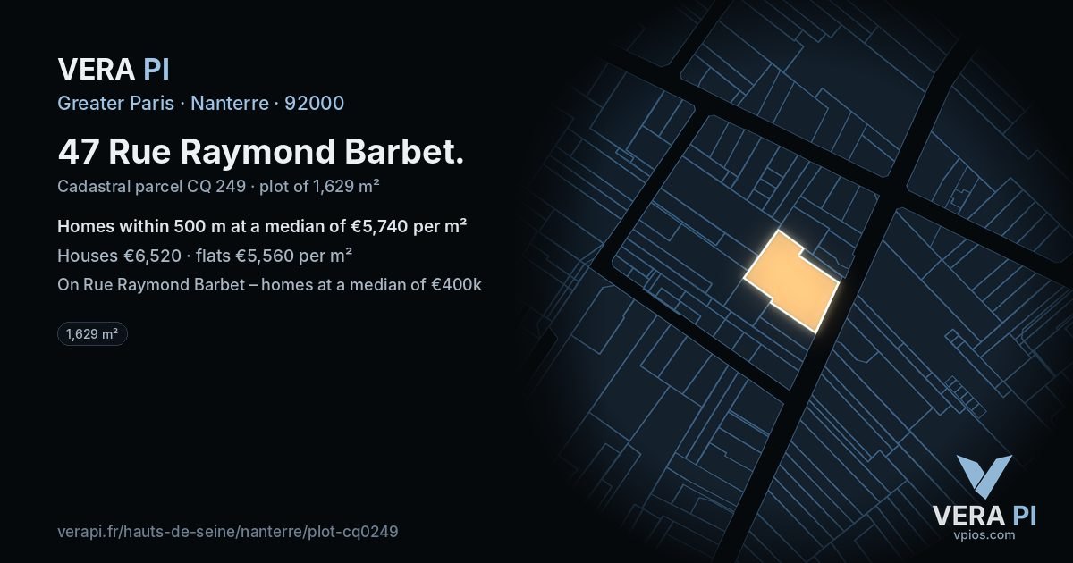 47 Rue Raymond Barbet, Nanterre at night – the plot lit, the parcels around coloured by the prices near them