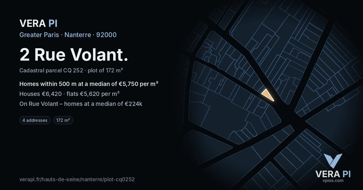 2 Rue Volant, Nanterre at night – the plot lit, the parcels around coloured by the prices near them