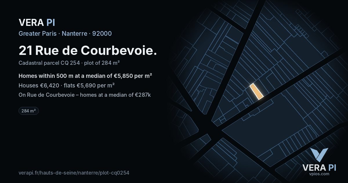 21 Rue de Courbevoie, Nanterre at night – the plot lit, the parcels around coloured by the prices near them