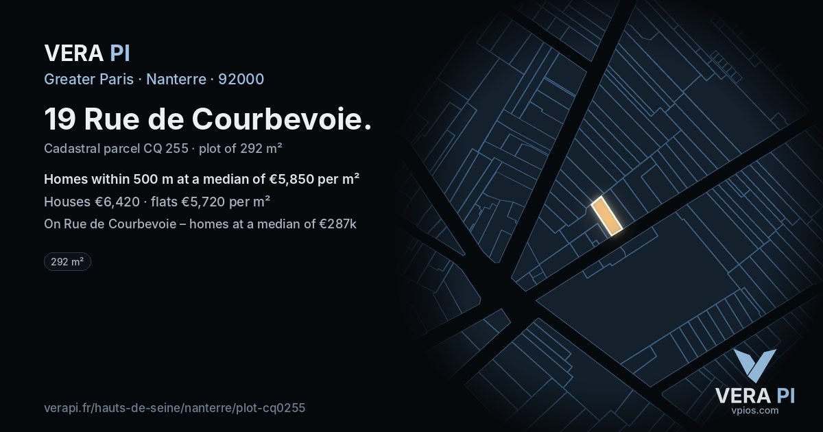 19 Rue de Courbevoie, Nanterre at night – the plot lit, the parcels around coloured by the prices near them