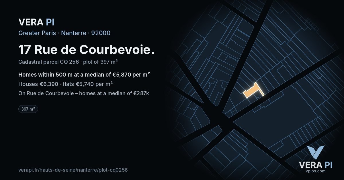17 Rue de Courbevoie, Nanterre at night – the plot lit, the parcels around coloured by the prices near them