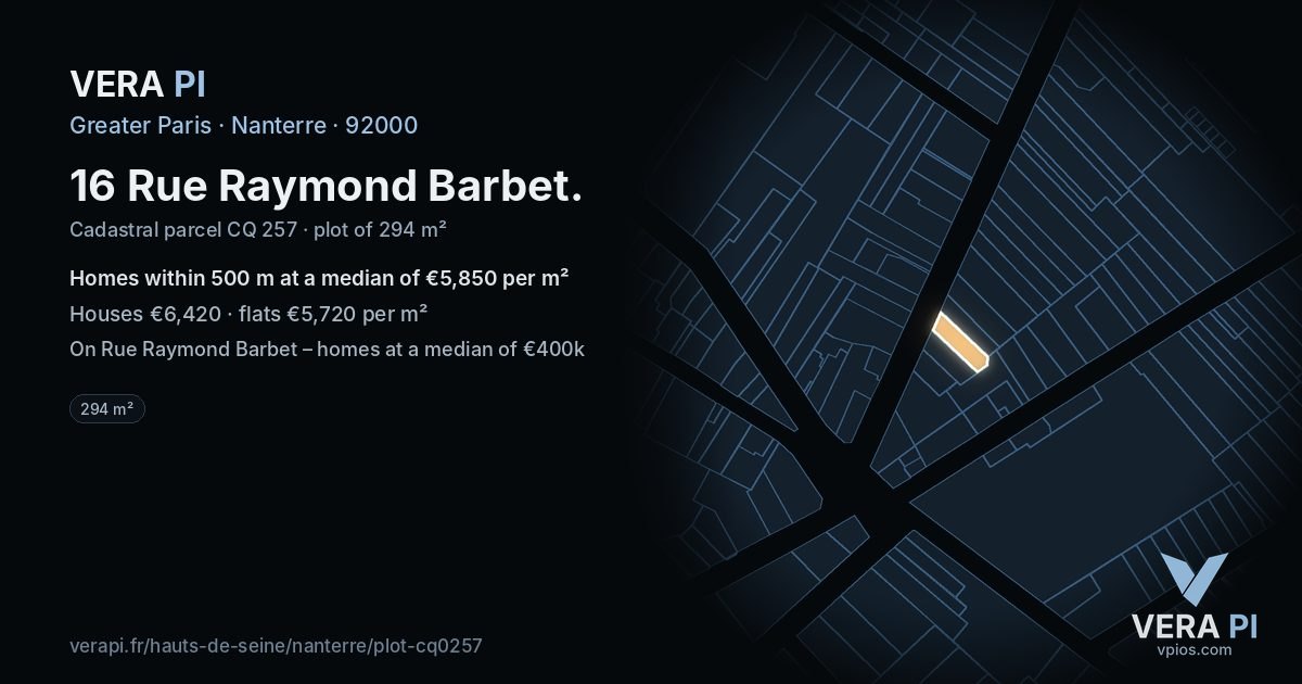16 Rue Raymond Barbet, Nanterre at night – the plot lit, the parcels around coloured by the prices near them