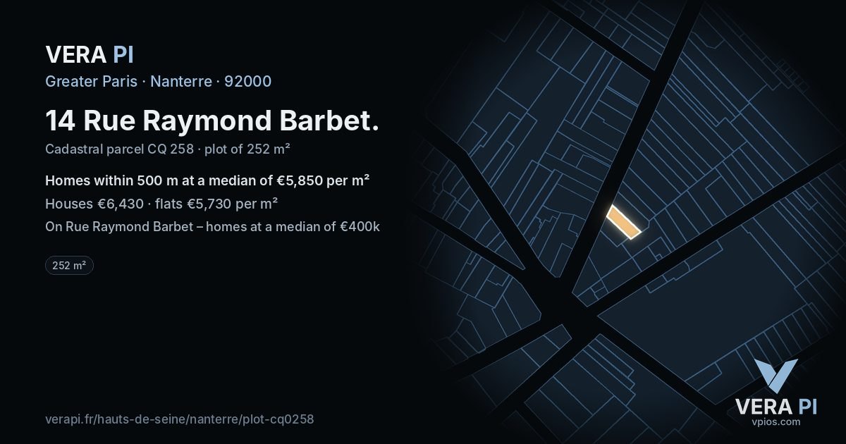 14 Rue Raymond Barbet, Nanterre at night – the plot lit, the parcels around coloured by the prices near them