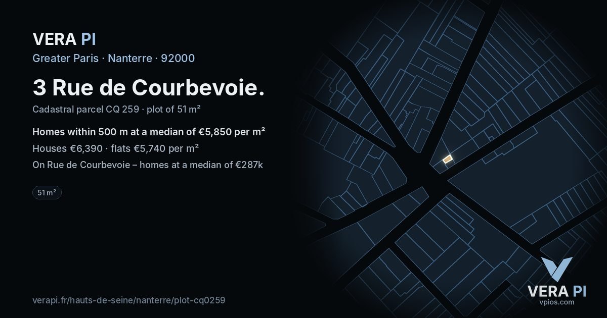 3 Rue de Courbevoie, Nanterre at night – the plot lit, the parcels around coloured by the prices near them