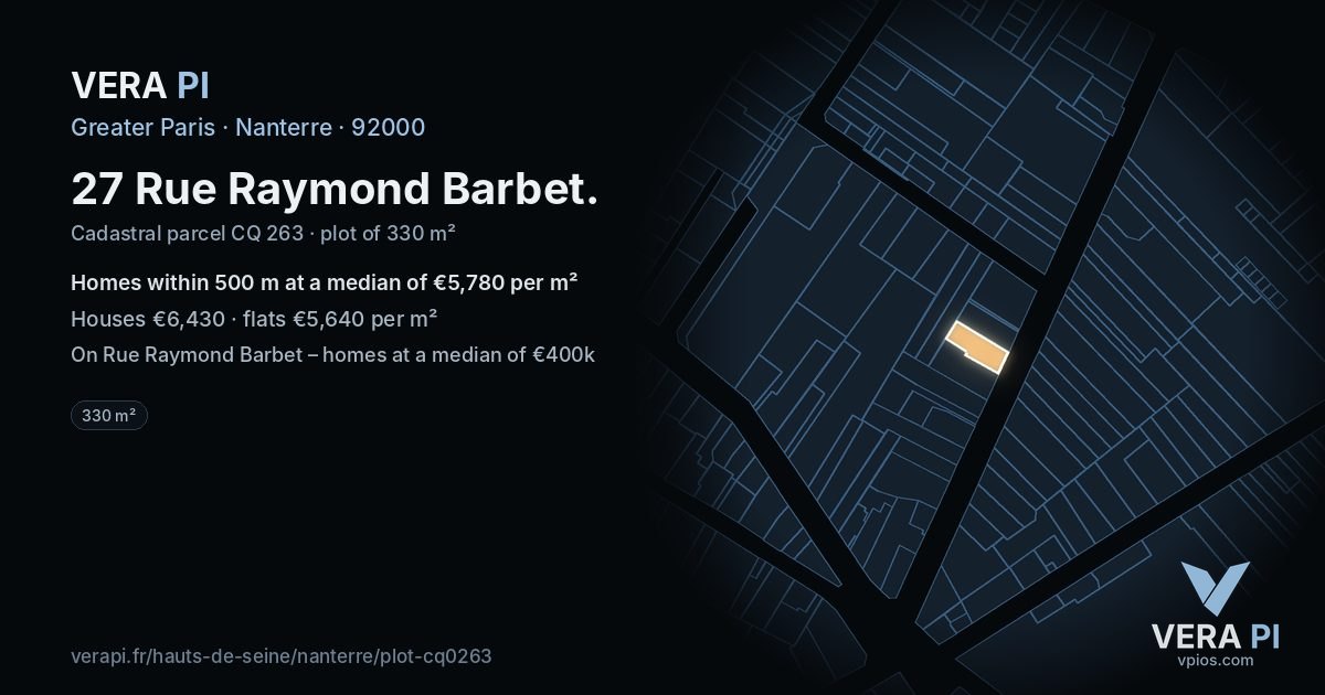 27 Rue Raymond Barbet, Nanterre at night – the plot lit, the parcels around coloured by the prices near them