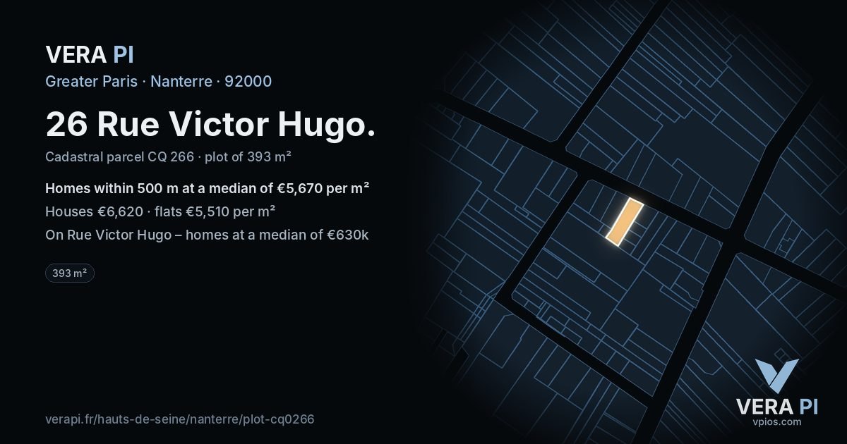26 Rue Victor Hugo, Nanterre at night – the plot lit, the parcels around coloured by the prices near them