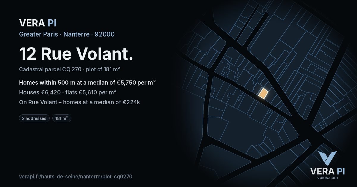 12 Rue Volant, Nanterre at night – the plot lit, the parcels around coloured by the prices near them