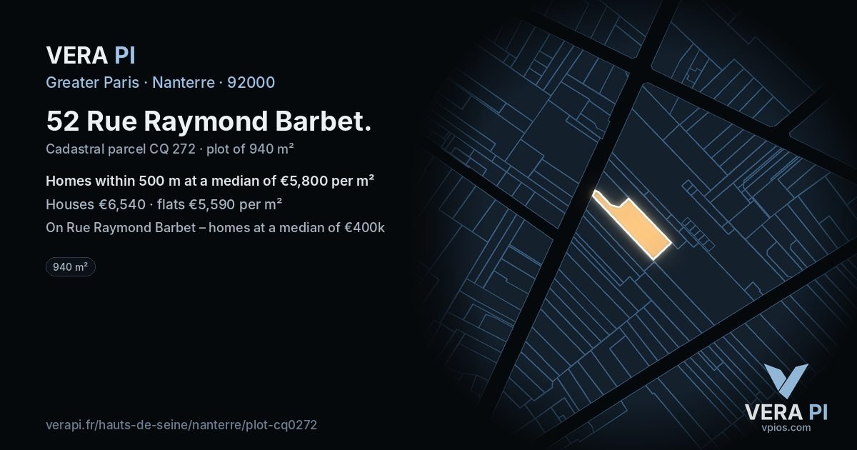 52 Rue Raymond Barbet, Nanterre at night – the plot lit, the parcels around coloured by the prices near them