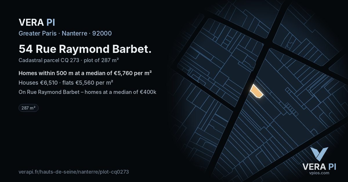 54 Rue Raymond Barbet, Nanterre at night – the plot lit, the parcels around coloured by the prices near them