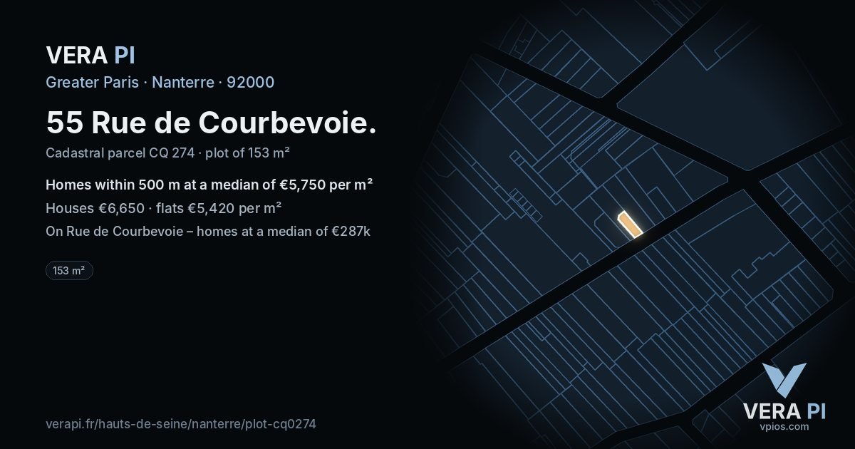 55 Rue de Courbevoie, Nanterre at night – the plot lit, the parcels around coloured by the prices near them