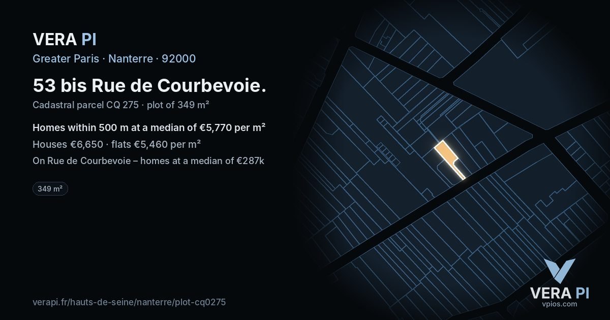 53 bis Rue de Courbevoie, Nanterre at night – the plot lit, the parcels around coloured by the prices near them