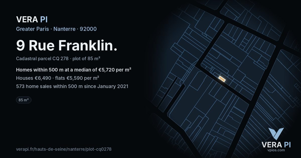 9 Rue Franklin, Nanterre at night – the plot lit, the parcels around coloured by the prices near them