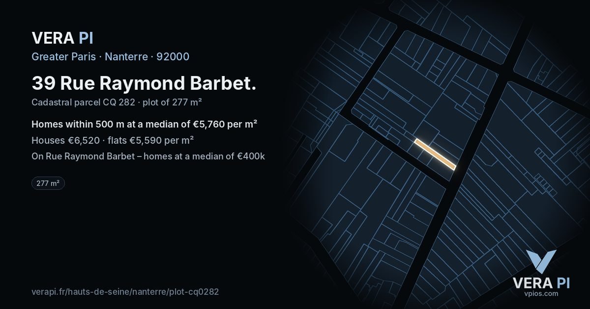39 Rue Raymond Barbet, Nanterre at night – the plot lit, the parcels around coloured by the prices near them